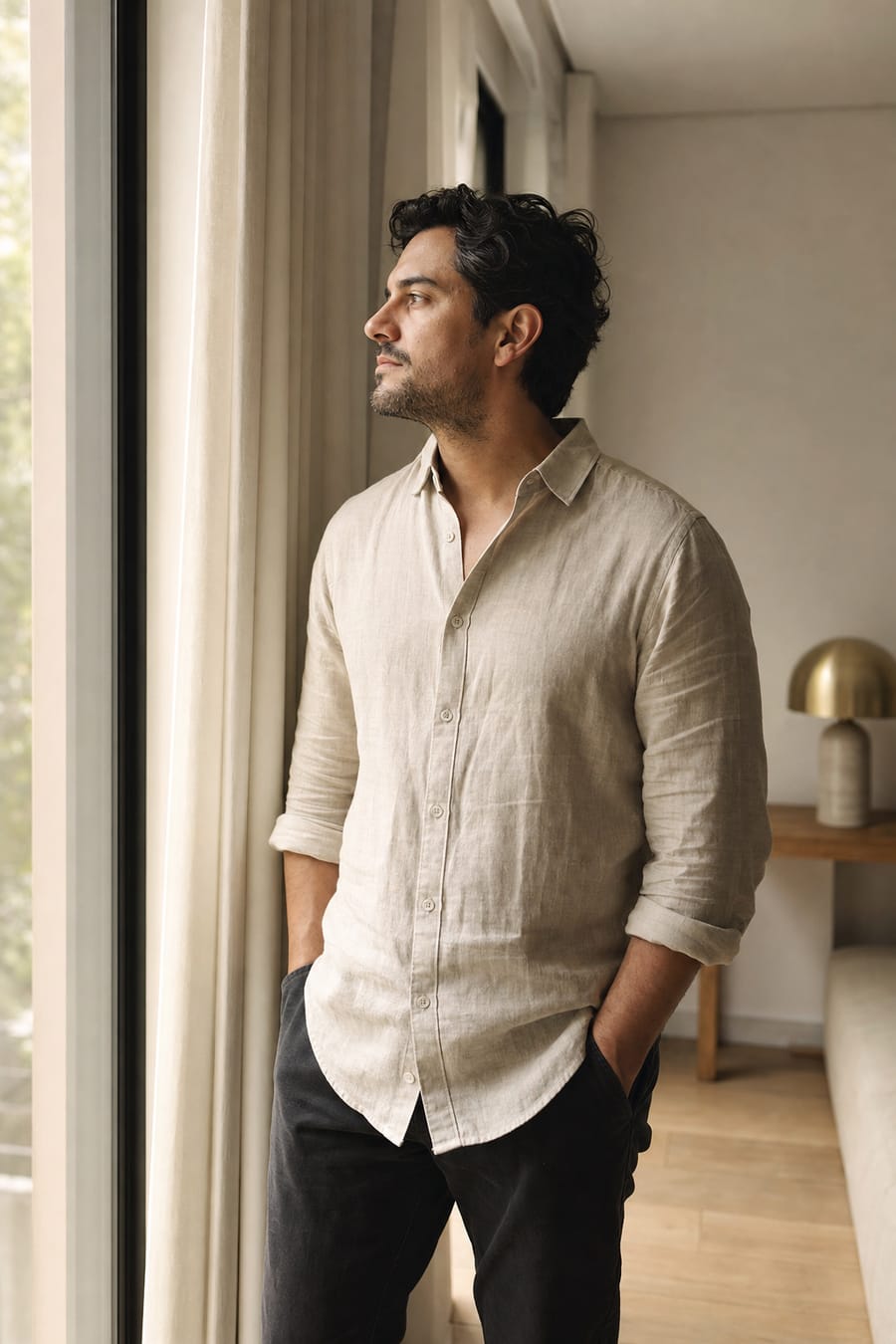 A founder standing at a tall window, hands in pockets, thinking.