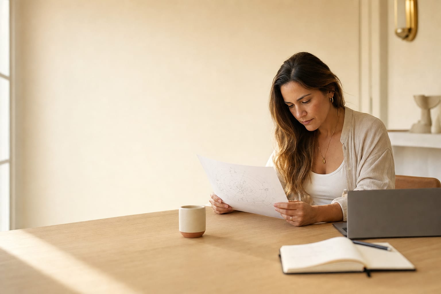 A founder sitting at a bright table, reading a printed diagram of her own business.