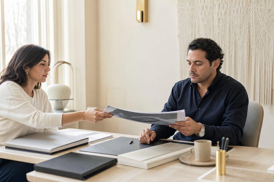 One colleague handing a printed folder to another, who is already reading it.