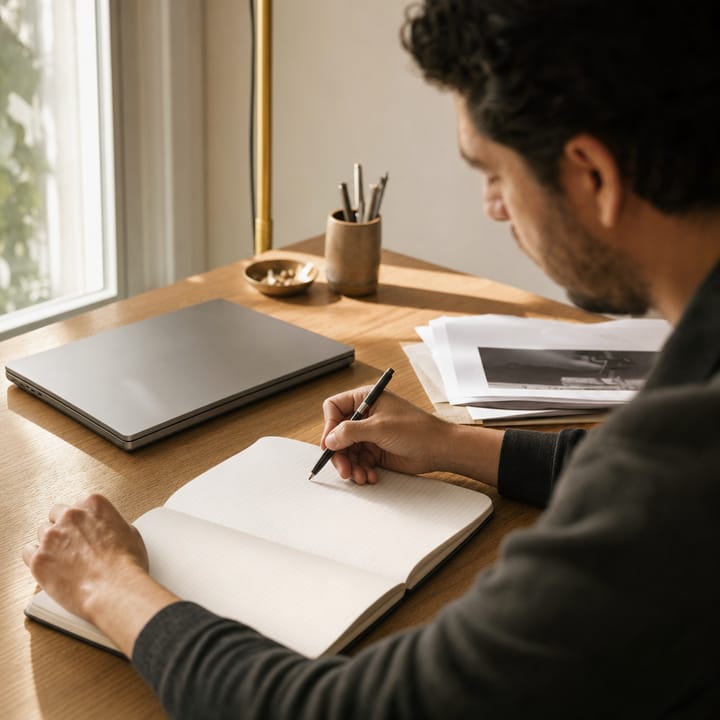 Someone writing by hand in a notebook beside a closed laptop, deciding what the offer is.