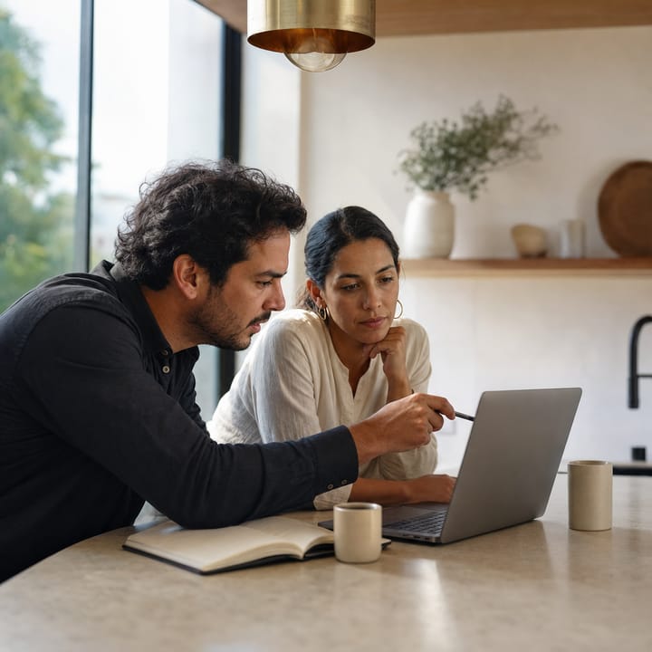 Two colleagues reading the same dashboard on a laptop, one pointing with a pen.