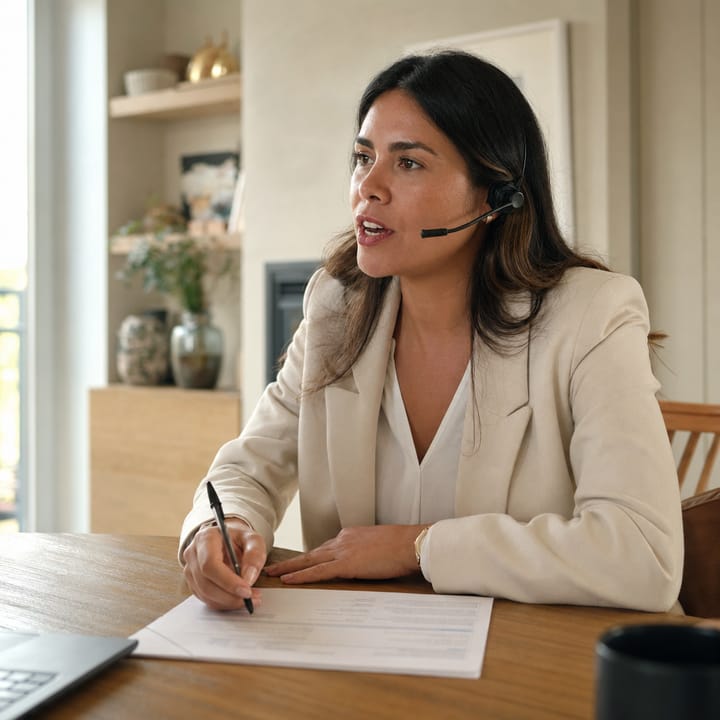 A closer on a headset mid call, pen over a printed call sheet.