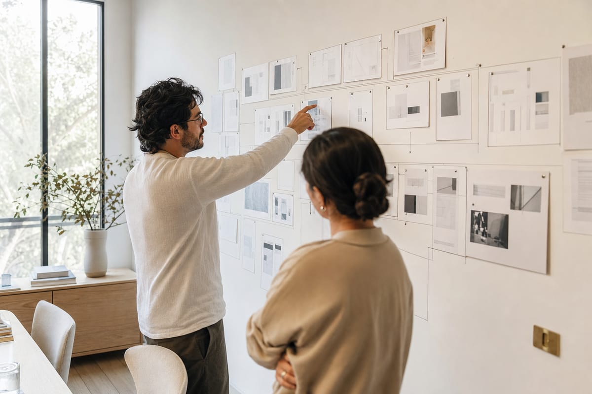 Two people mapping a business across a wall of printed sheets, one pointing at a section.